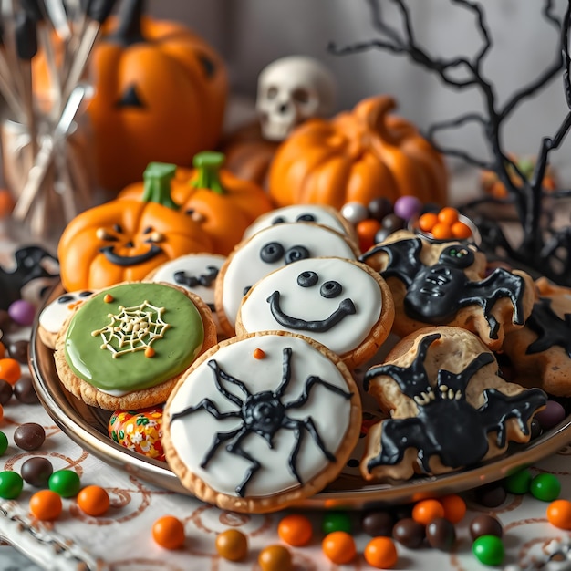 Photo halloweenthemed cookies displayed on a festive table with pumpkins