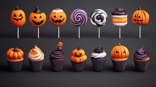 Halloweenthemed cupcakes and cake pops decorated with pumpkins and spooky designs