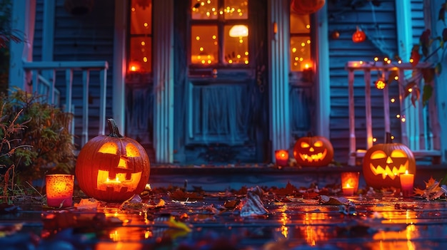 HalloweenThemed Front Porch with Glowing JackoLanterns and Cozy Lighting