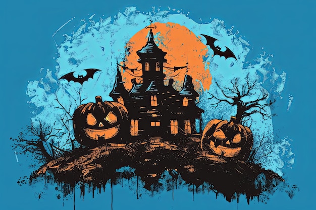 Halloweenthemed graphic tshirt featuring a haunted house pumpkinheaded figures set against a blue backdrop