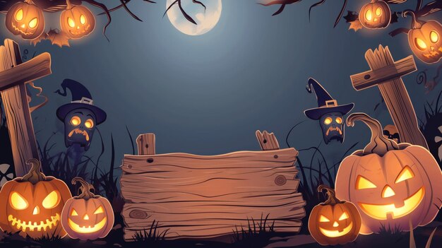 Halloweenthemed illustration featuring glowing jackolanterns wooden signboard spooky hanging witch hats and a full moon in the background