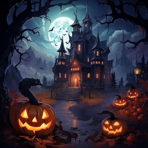 Halloweenthemed illustration spooky castle witch ghosts pumpkins cobwebs jacko'lanterns