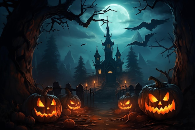 Halloweenthemed illustration spooky castle witch ghosts pumpkins cobwebs jacko'lanterns