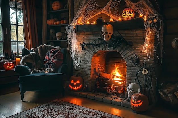 Photo a halloweenthemed living room with a roaring fireplace decorated with cobwebs skulls and a garland of black and orange