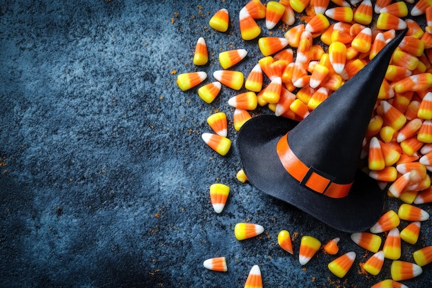 Photo a halloweenthemed scene featuring candy corn and a witch39s hat on a textured background