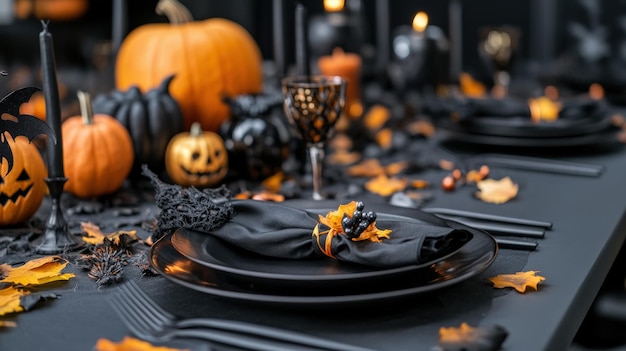 Photo halloweenthemed table setting with spooky decorations