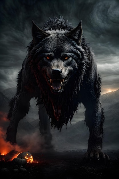 A Halloweenthemed wolf has dark eerie fur and fiery eyes creating an eerie and mysterious appearance