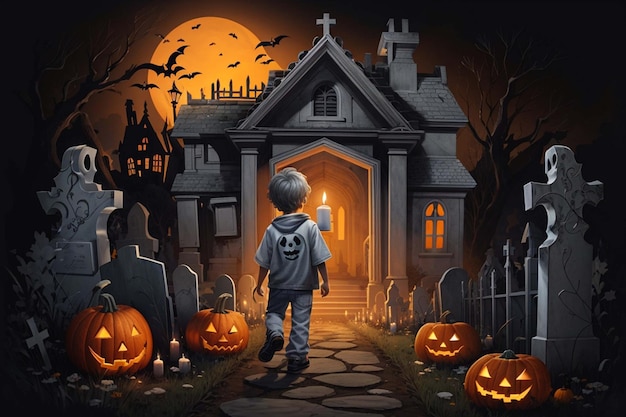 hallowen shabby little boy carrying a candle haunted house in the cemetery Generative AI