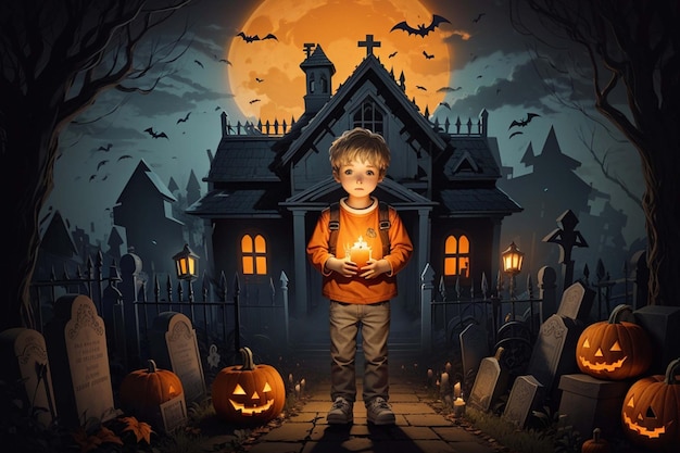 hallowen shabby little boy carrying a candle haunted house in the cemetery Generative AI