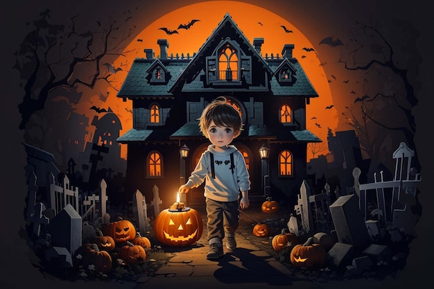 hallowen shabby little boy carrying a candle haunted house in the cemetery Generative AI