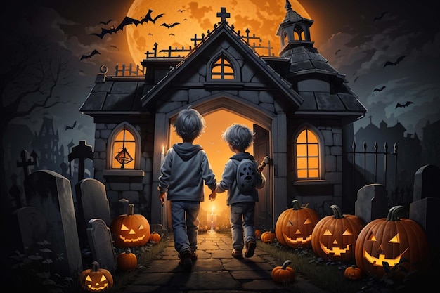 hallowen shabby little boy carrying a candle haunted house in the cemetery Generative AI