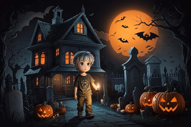 hallowen shabby little boy carrying a candle haunted house in the cemetery Generative AI