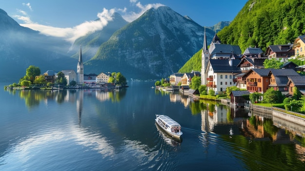 Hallstatt Austria Classic Panoramic View of the Picturesque Old Town Alpine Lake and Scenic Boat Cru