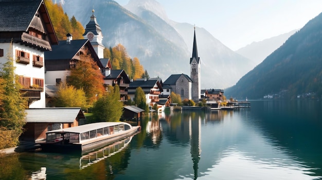 Hallstatt Austria Panoramic view of famous Hallstattersee lake