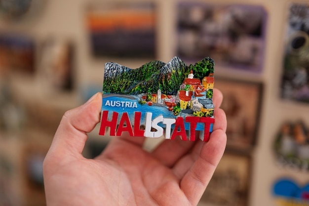 Hallstatt Austria souvenir refrigerator magnet at hand