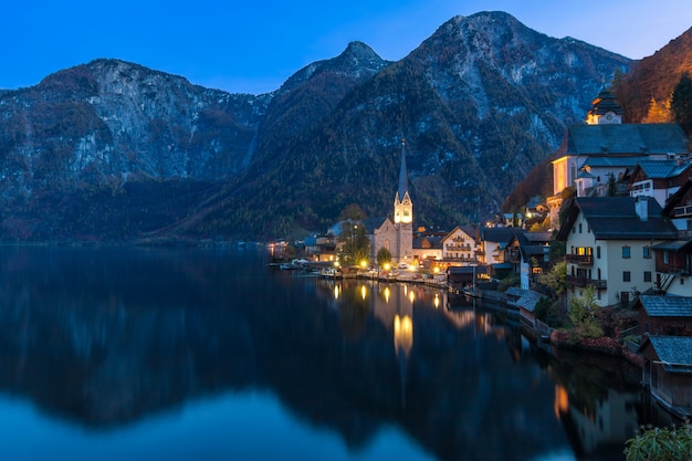 Hallstatt mountain village at night from classic postcard viewpoint Austria