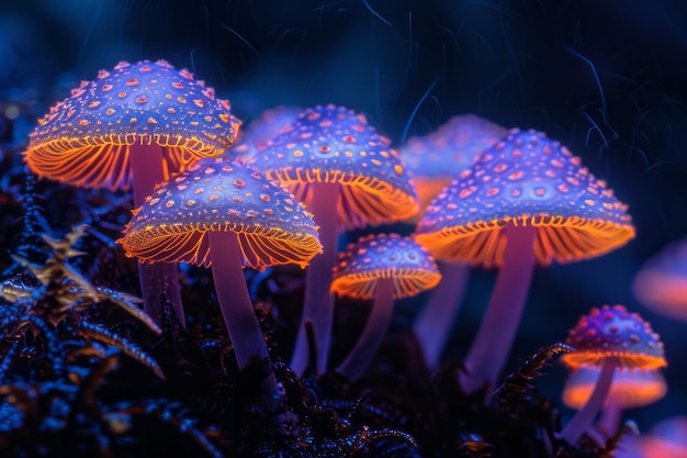 Photo hallucinogenic mushrooms with caps that spiral into fractal patterns glowing under a black light