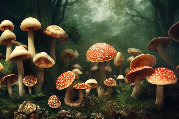 Hallucinogenic psilocybincontaining mushrooms in magic forest 3D illustration