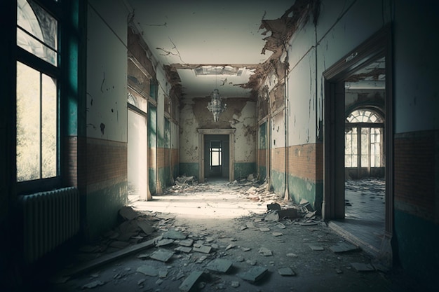 A hallway in an abandoned building with green and orange stripes.