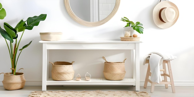 Photo hallway console table with statement mirror decorative items and storage baskets concept hallway decor console table styling statement mirrors storage solutions decorative baskets