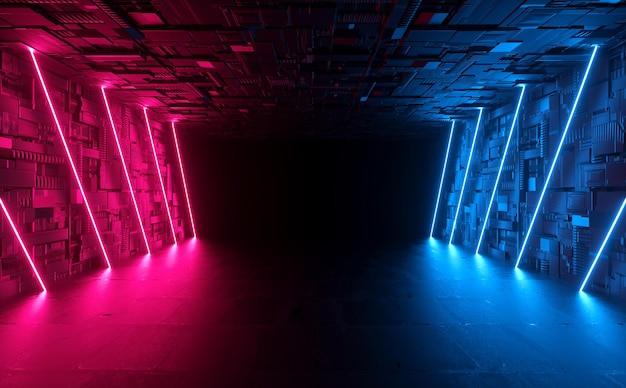 Hallway Corridor Alien Spaceship Perspective Cyber Sci Fi With Neon Laser Beam Glowing Lines Illustration Backgrounds 3d Rendering