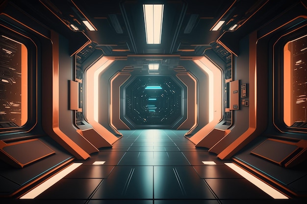 A hallway from a spacestaton in scifi style design , generative ai