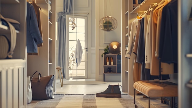 Hallway interior with stylish furniture clothes and accessories Generative AI