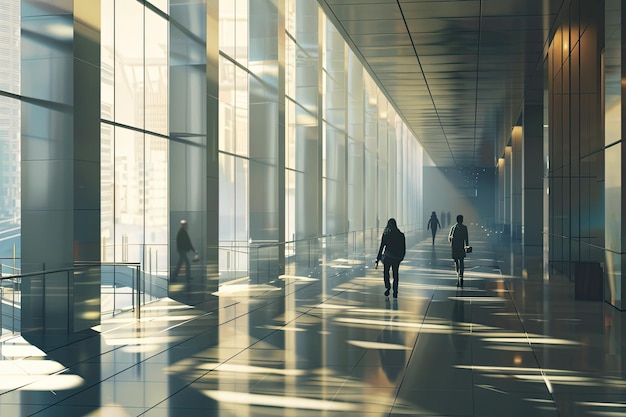 a hallway in an office building with a lot of windows and people walking down it