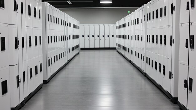 Photo the hallway showcases sleek silver lockers on one side with glowing lights and an emergency exit sign leading towards a wooden door