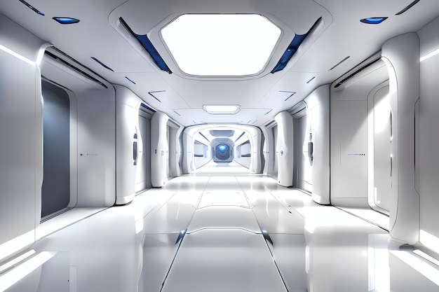 The hallway of the spaceship with a white floor and a blue light on the ceiling