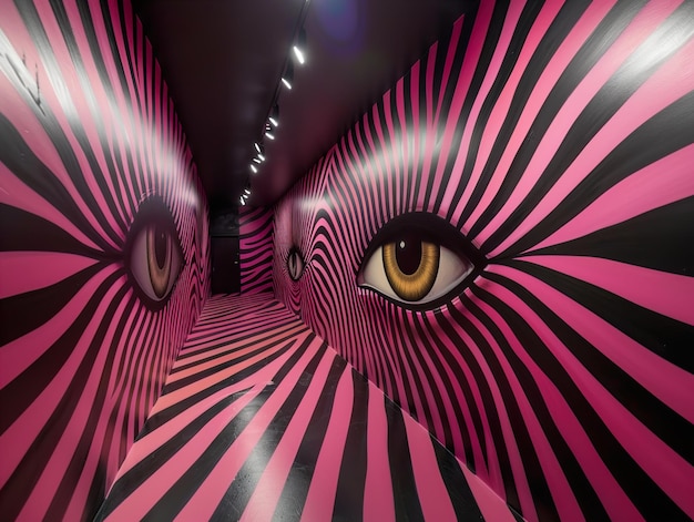 Photo a hallway with black and pink striped walls and a pair of eyes painted on each wall