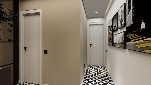 A hallway with a black and white floor and a white door with pictures on it.