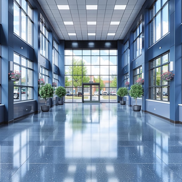 a hallway with a blue wall and a planter on the floor