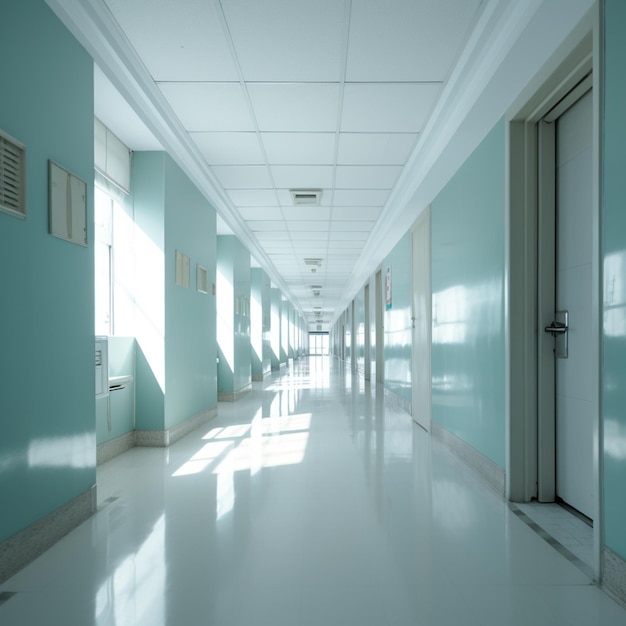 a hallway with a blue wall and a sign that says " no exit ".