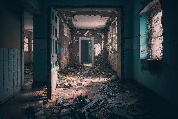 A hallway with a broken wall and a large hole in the floor that has been torn apart