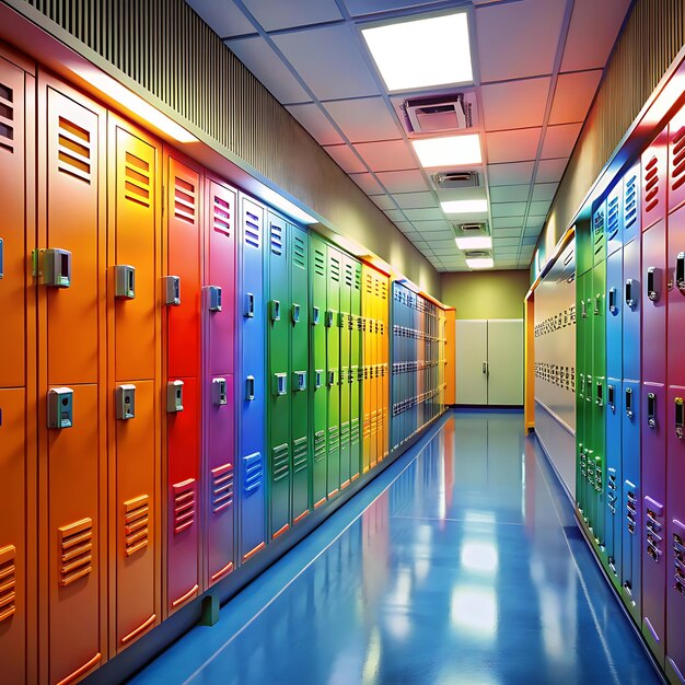 Photo a hallway with a colorful lockers with a rainbow colored door