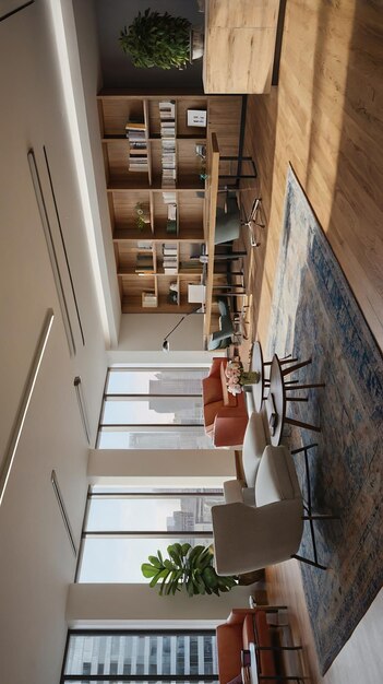 a hallway with a couch and a plant on the floor