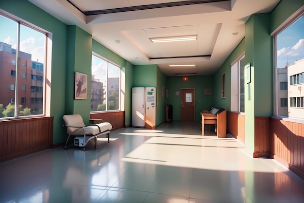 A hallway with a door that says'hospital'on it