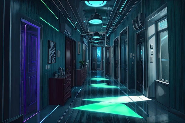 a hallway with green lights and a blue light on the ceiling