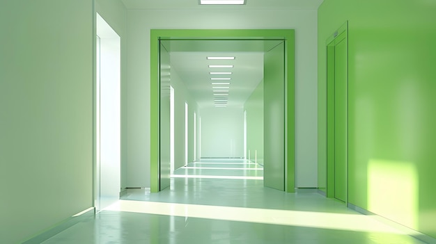 Photo a hallway with a green and white sign that says  exit