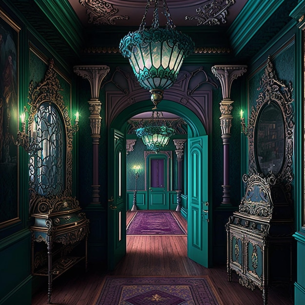 A hallway with a lamp hanging from the ceiling