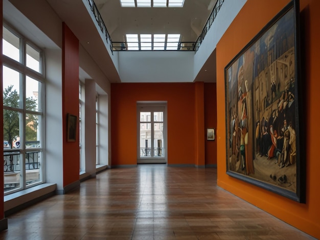 a hallway with a large painting on the wall and a large painting on the wall