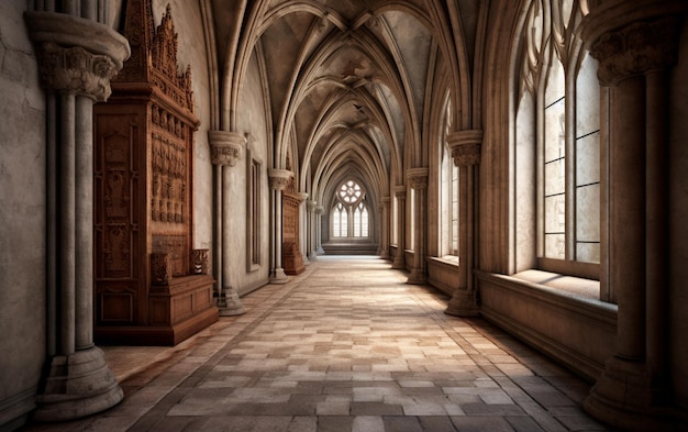 A hallway with a large window and a stone floor.