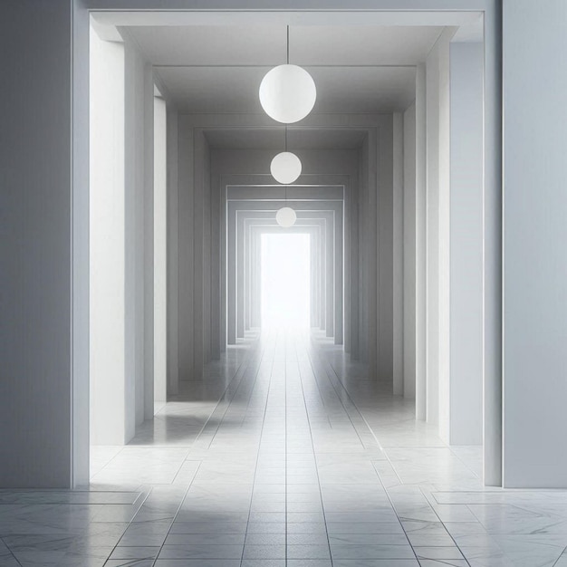 Photo a hallway with a light that is on the ceiling