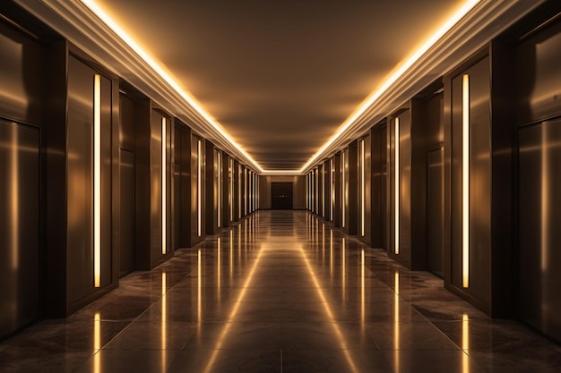 a hallway with lights on the ceiling