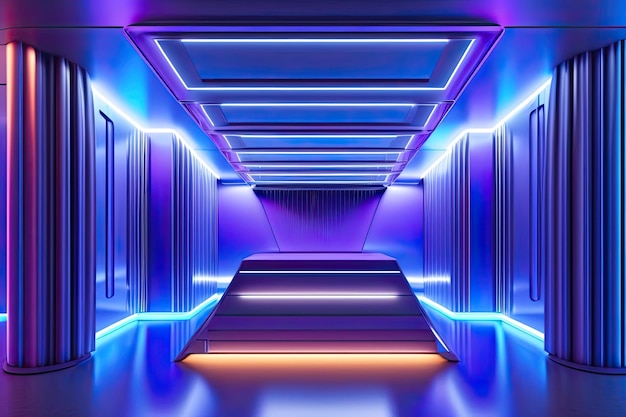 A hallway with neon lights and a blue floor