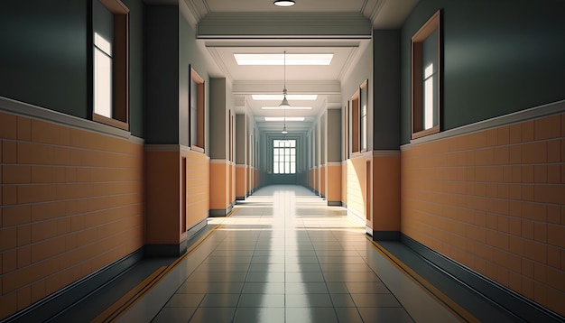 A hallway with orange walls and a light on the ceiling.