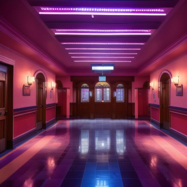 A hallway with pink walls and purple trim and a sign that says " the number 4 " on the top.