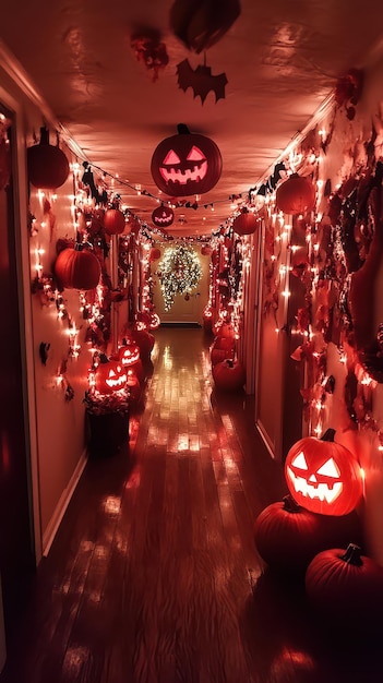 a hallway with pumpkins and pumpkins on the walls