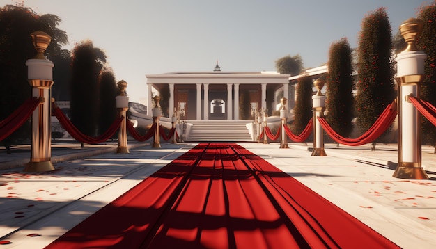 A hallway with red curtains and a red carpet